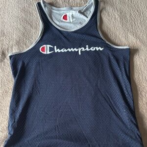 Champion Navy Mesh Tank with White Script and Red Logo